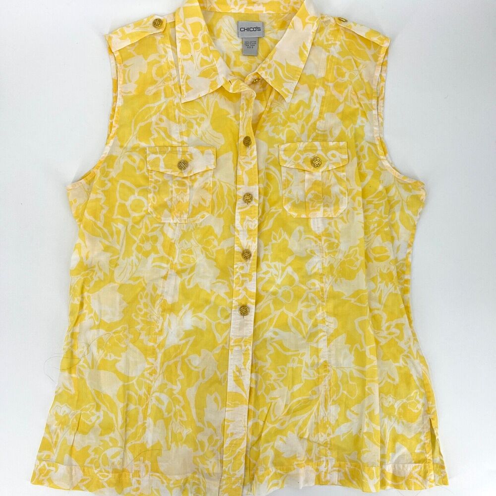 Chico's Sleeveless Blouse Top Womens Chico's Size 3 XL Yellow Floral **READ**
